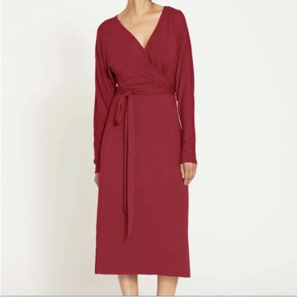 Universal Standard Front Tie Wrap Long Sleeve Midi Dress Cabernet Red